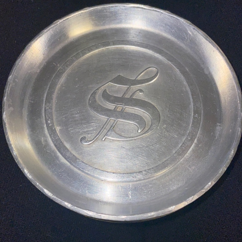 VINTAGE 6 PIECE FORGED ALUMINUM EMBOSSED MONOGRAMED WITH S COASTERS